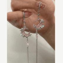 Pink Crystal Moon Star Long Chain Dangle Hoop Earrings - ArtGalleryZen