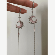 Pink Crystal Moon Star Long Chain Dangle Hoop Earrings - ArtGalleryZen