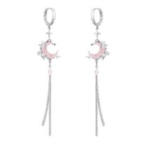 Pink Crystal Moon Star Long Chain Dangle Hoop Earrings - ArtGalleryZen