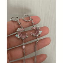 Pink Crystal Moon Star Long Chain Dangle Hoop Earrings - ArtGalleryZen