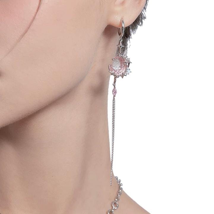 Pink Crystal Moon Star Long Chain Dangle Hoop Earrings - ArtGalleryZen