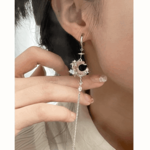 Pink Crystal Moon Star Long Chain Dangle Hoop Earrings - ArtGalleryZen