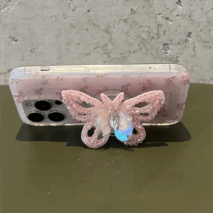 Pink Rose Rhinestone Inlaid Crystal Sequin Butterfly Stand iPhone Case - ArtGalleryZen