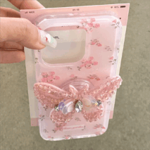 Pink Rose Rhinestone Inlaid Crystal Sequin Butterfly Stand iPhone Case - ArtGalleryZen
