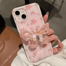 Pink Rose Rhinestone Inlaid Crystal Sequin Butterfly Stand iPhone Case - ArtGalleryZen