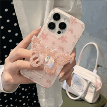 Pink Rose Rhinestone Inlaid Crystal Sequin Butterfly Stand iPhone Case - ArtGalleryZen