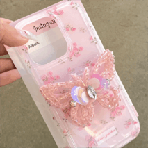 Pink Rose Rhinestone Inlaid Crystal Sequin Butterfly Stand iPhone Case - ArtGalleryZen