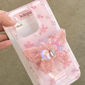 Pink Rose Rhinestone Inlaid Crystal Sequin Butterfly Stand iPhone Case - ArtGalleryZen