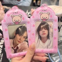 Pink Stawberry Rilakkuma Kpop Keychain Photocard Holder - ArtGalleryZen