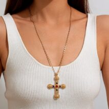 Punk Chunky Rhinestone Inlaid Floral Cross Pendant Necklace - ArtGalleryZen