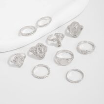 Punk Style 10pcs Rhinestone Inlaid Hollow Oval Disk Cross Ring Set - ArtGalleryZen