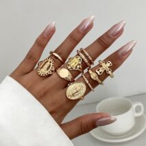Punk Style 10pcs Rhinestone Inlaid Hollow Oval Disk Cross Ring Set - ArtGalleryZen