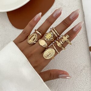 Punk Style 10pcs Rhinestone Inlaid Hollow Oval Disk Cross Ring Set - ArtGalleryZen