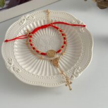 Retro 2pcs Cross Relief Disk Charm Braided Jade Cord Bracelet Set - ArtGalleryZen