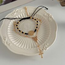 Retro 2pcs Cross Relief Disk Charm Braided Jade Cord Bracelet Set - ArtGalleryZen