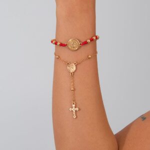 Retro 2pcs Cross Relief Disk Charm Braided Jade Cord Bracelet Set - ArtGalleryZen