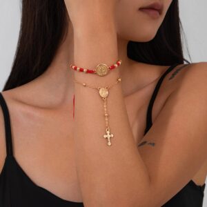 Retro 2pcs Cross Relief Disk Charm Braided Jade Cord Bracelet Set - ArtGalleryZen