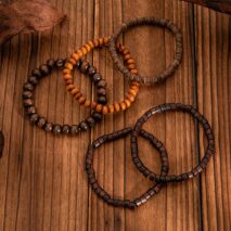 Retro 5pcs Coconut Shell Wood Beaded Chain Bracelet Set - ArtGalleryZen
