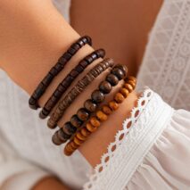 Retro 5pcs Coconut Shell Wood Beaded Chain Bracelet Set - ArtGalleryZen