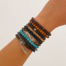Retro 9pcs Infinity Symbol Feather Charm Turquoise Coconut Shell Wood Beaded Chain Bracelet Set - ArtGalleryZen