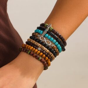 Retro 9pcs Infinity Symbol Feather Charm Turquoise Coconut Shell Wood Beaded Chain Bracelet Set - ArtGalleryZen