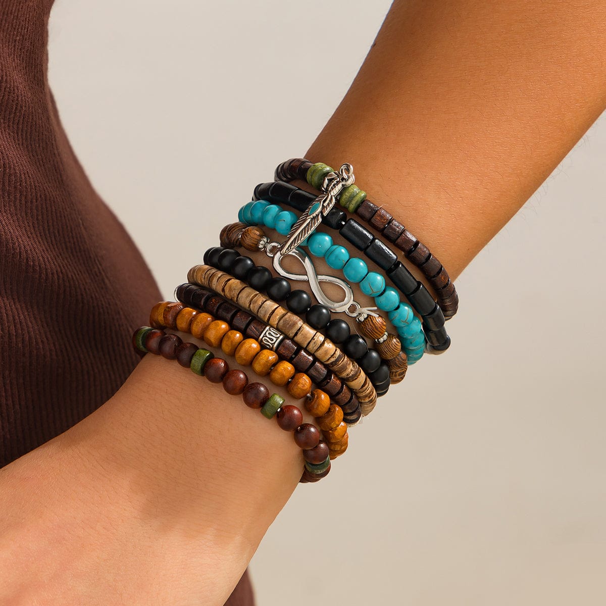 Retro 9pcs Infinity Symbol Feather Charm Turquoise Coconut Shell Wood Beaded Chain Bracelet Set - ArtGalleryZen