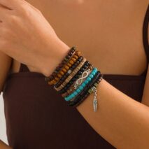 Retro 9pcs Infinity Symbol Feather Charm Turquoise Coconut Shell Wood Beaded Chain Bracelet Set - ArtGalleryZen