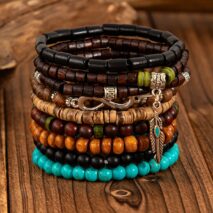 Retro 9pcs Infinity Symbol Feather Charm Turquoise Coconut Shell Wood Beaded Chain Bracelet Set - ArtGalleryZen