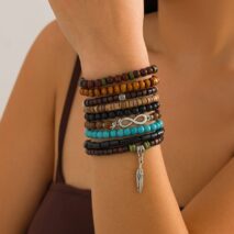 Retro 9pcs Infinity Symbol Feather Charm Turquoise Coconut Shell Wood Beaded Chain Bracelet Set - ArtGalleryZen