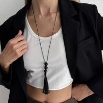 Retro Black Resin Beads Tassel Necklace Adjustable Wax Cord - ArtGalleryZen