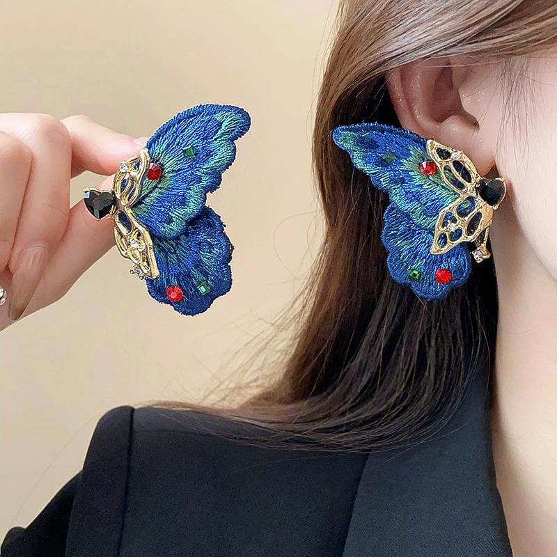 Retro Chunky Rhinestone Inlaid Embroidery Butterfly Stud Earrings - ArtGalleryZen