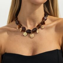 Retro Heart Sun Pendant Amber Beaded Necklace Vintage Boho Statement - ArtGalleryZen