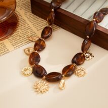 Retro Heart Sun Pendant Amber Beaded Necklace Vintage Boho Statement - ArtGalleryZen
