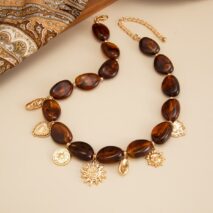 Retro Heart Sun Pendant Amber Beaded Necklace Vintage Boho Statement - ArtGalleryZen