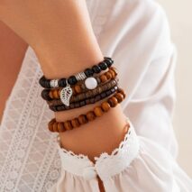 Retro Layered Feather Charm Coconut Shell Wood Beaded Chain Bracelet Set - ArtGalleryZen