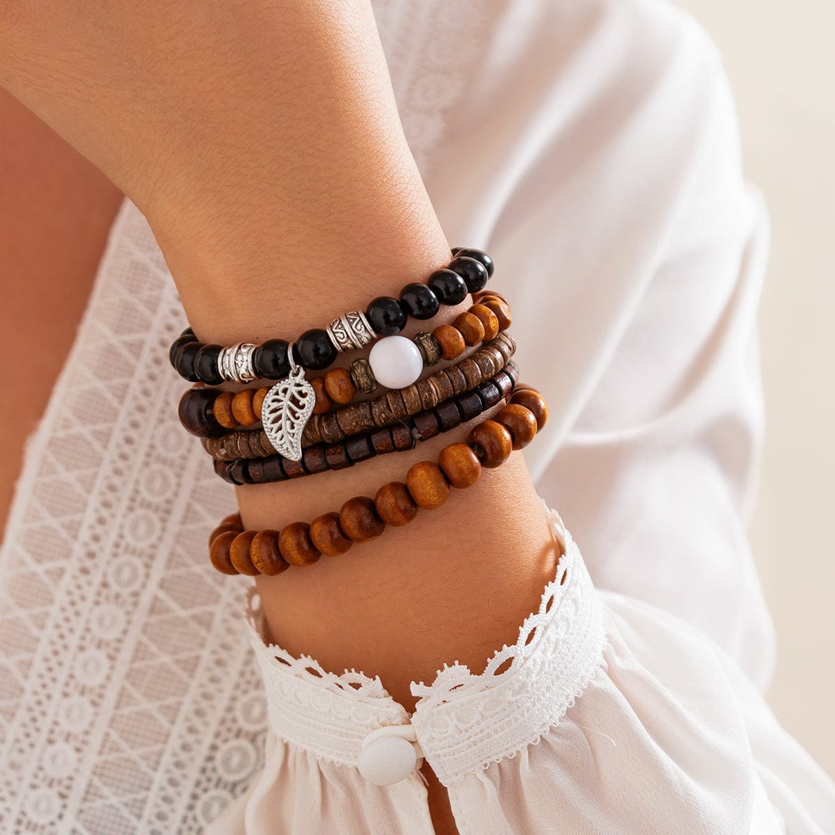 Retro Layered Feather Charm Coconut Shell Wood Beaded Chain Bracelet Set - ArtGalleryZen