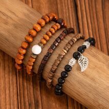 Retro Layered Feather Charm Coconut Shell Wood Beaded Chain Bracelet Set - ArtGalleryZen