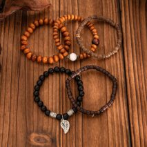 Retro Layered Feather Charm Coconut Shell Wood Beaded Chain Bracelet Set - ArtGalleryZen