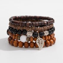 Retro Layered Feather Charm Coconut Shell Wood Beaded Chain Bracelet Set - ArtGalleryZen