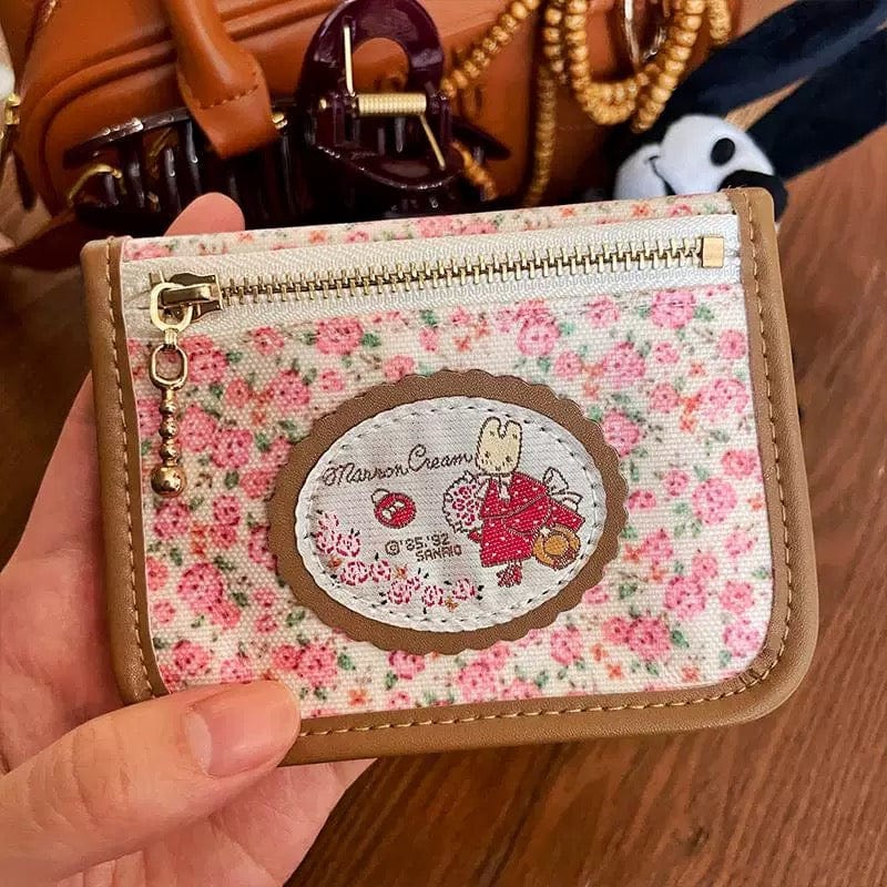 Retro Sanrio Marron Cream Floral Embroidery Wallet - ArtGalleryZen