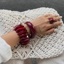 Retro Wine Red Irregular Bangle Bracelet Ring Set - ArtGalleryZen