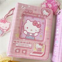 A collection of Sanrio themed 3 inch mini photocard albums featuring various characters such as Hello Kitty and My Melody. The albums come in different colors and designs, some with character portraits and others with character-themed backgrounds.