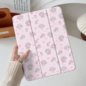 A hand holding a pink My Melody iPad case with cartoon character designs.