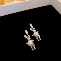 Silver Moon Light Rabbit Pearl Earrings - ArtGalleryZen