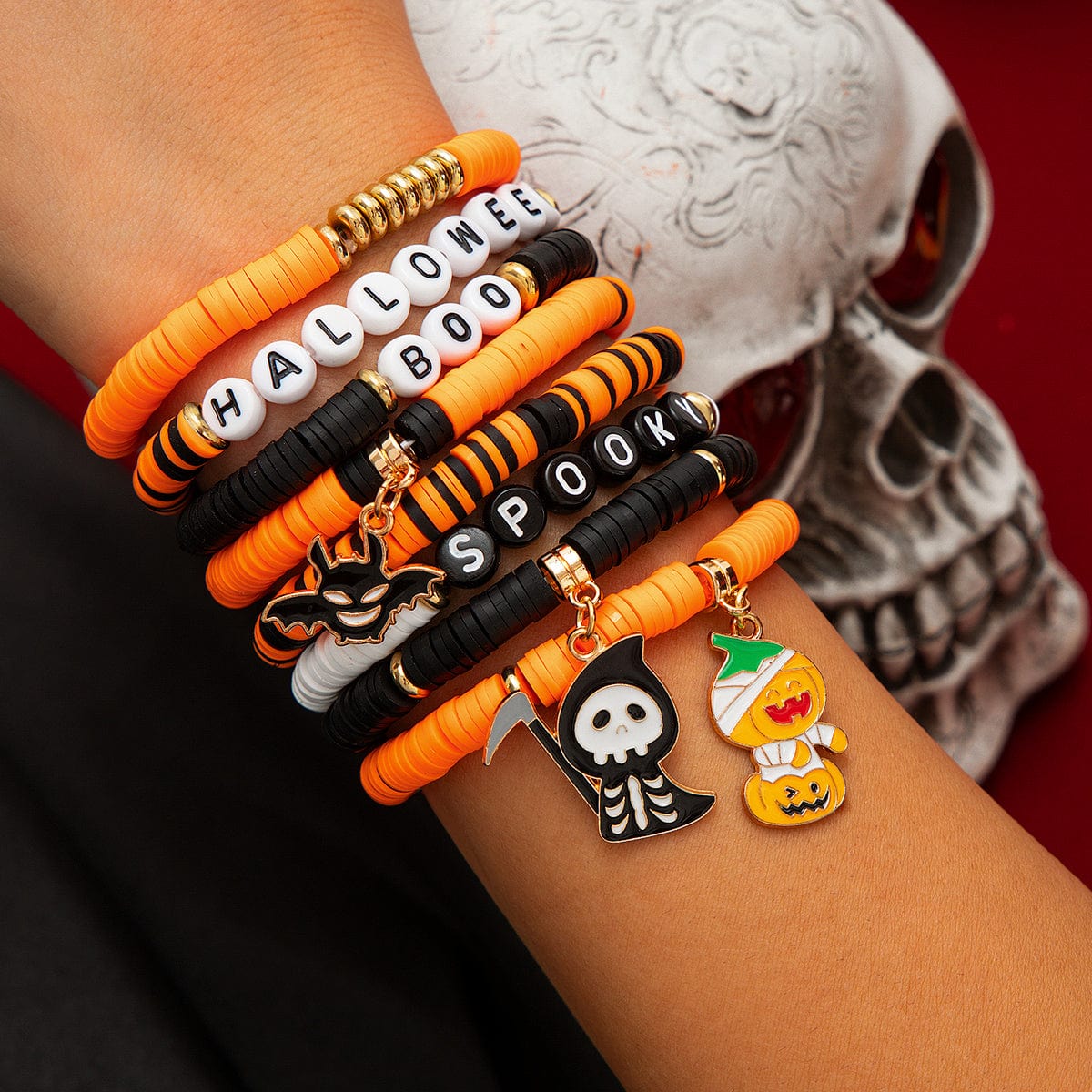 Spooky 8Pcs Halloween Bat Skeleton Pumpkin Charm Letter Beaded Bracelet Set - ArtGalleryZen
