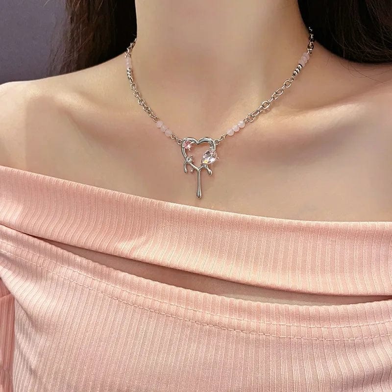 Stainless Steel Rhinestone Melting Heart Necklace - ArtGalleryZen