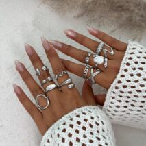Stylish 12pcs Irregular Pearl Waterdrop Hollow Curved Ring Set - ArtGalleryZen
