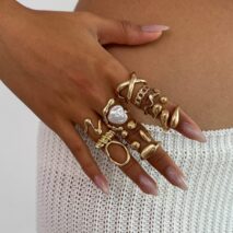 Stylish 12pcs Irregular Pearl Waterdrop Hollow Curved Ring Set - ArtGalleryZen