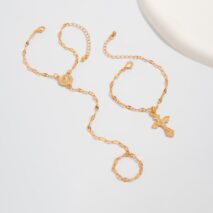 Stylish 2pcs Cross Oval Disk Charm Finger Ring Bracelet Set - ArtGalleryZen