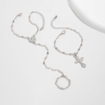 Stylish 2pcs Cross Oval Disk Charm Finger Ring Bracelet Set - ArtGalleryZen